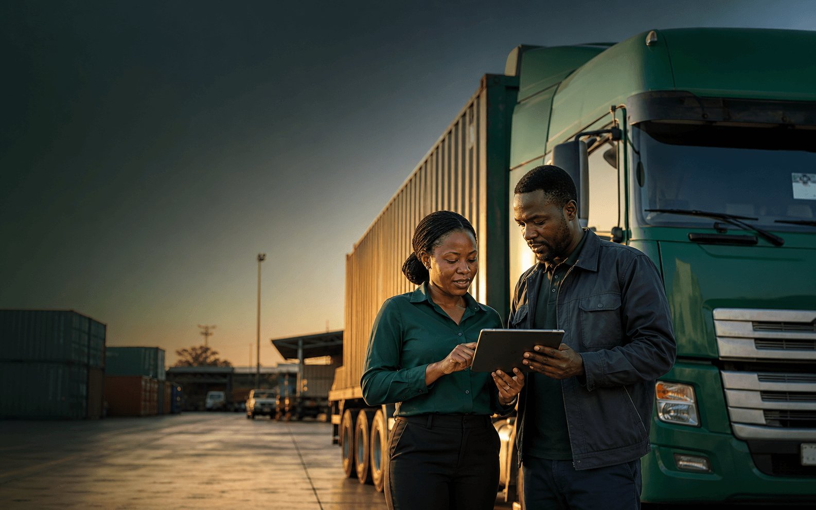 Cargo owner and fleet operator reviewing a shipment beside a green truck
