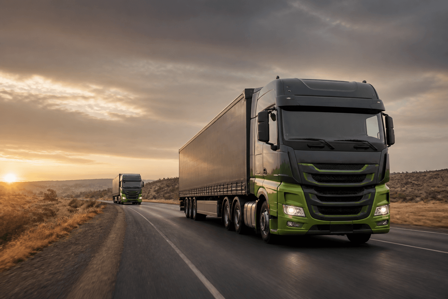 Green freight trucks travelling on a Zambian highway
